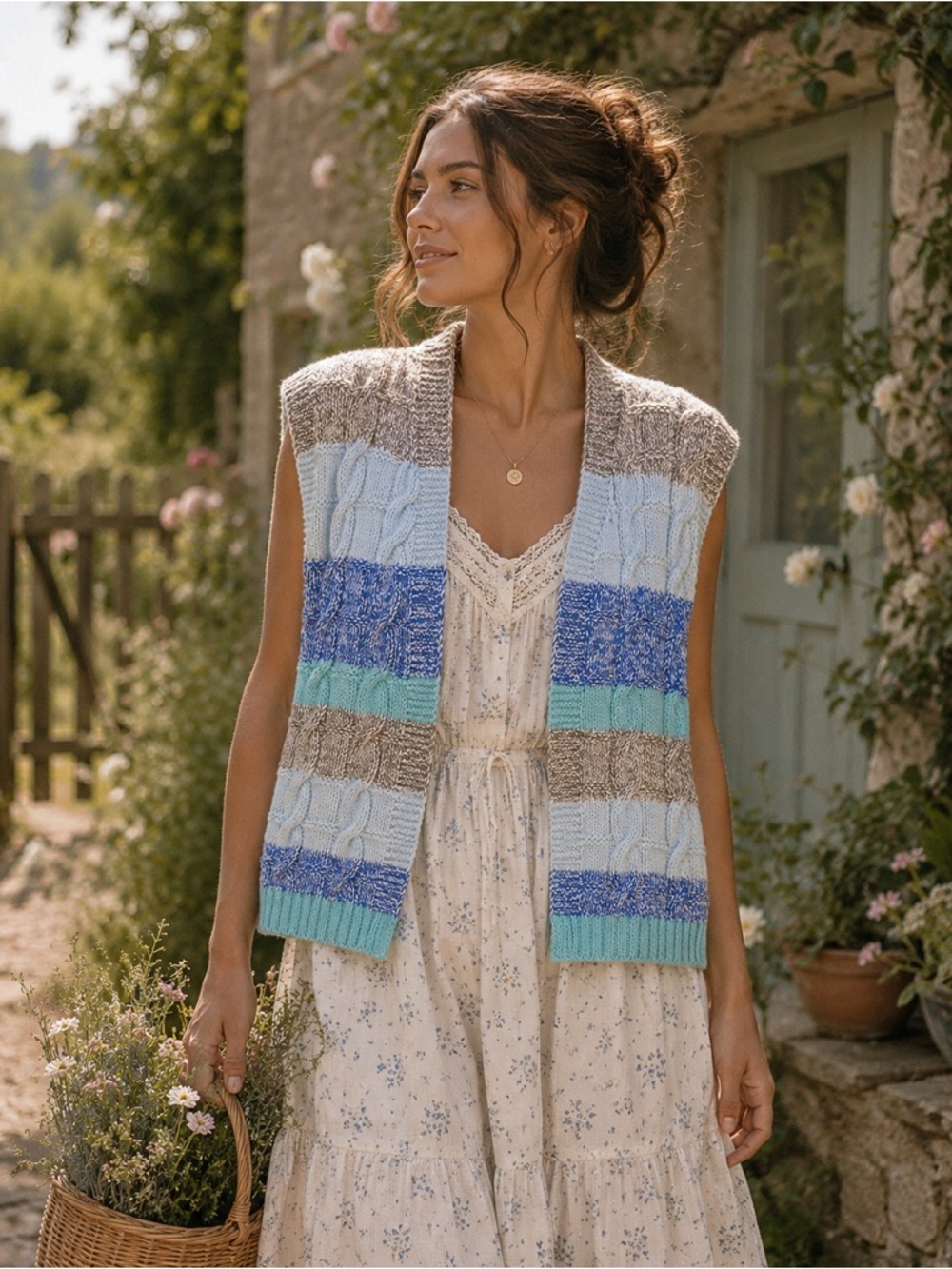 Striped Knit Sleeveless Cardigan Vest - Blue, Teal, Beige